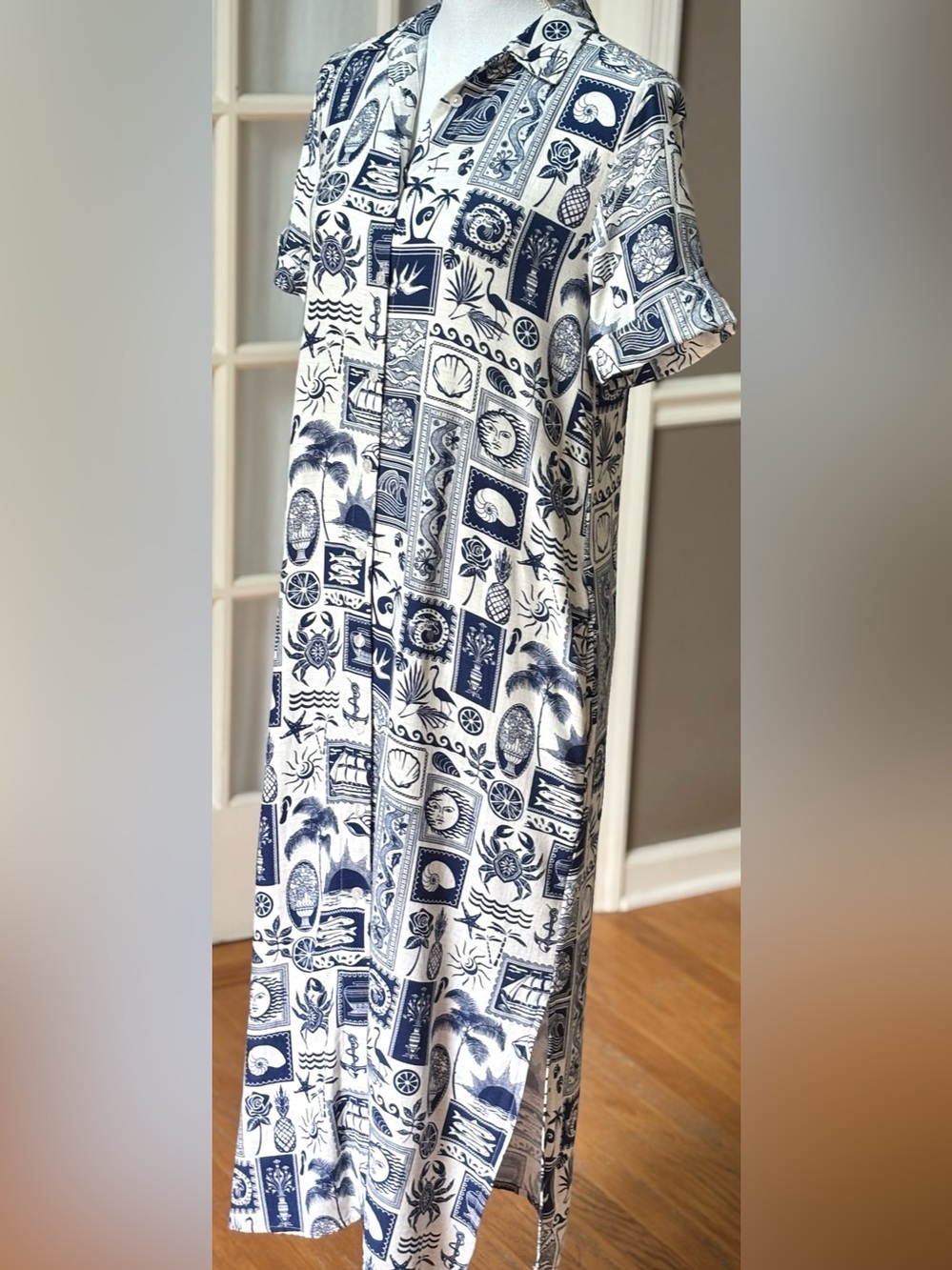 Jane + Delancey Coastal Postcard Shirt Dress Blue White Linen Blend Small - Picture 2 of 8